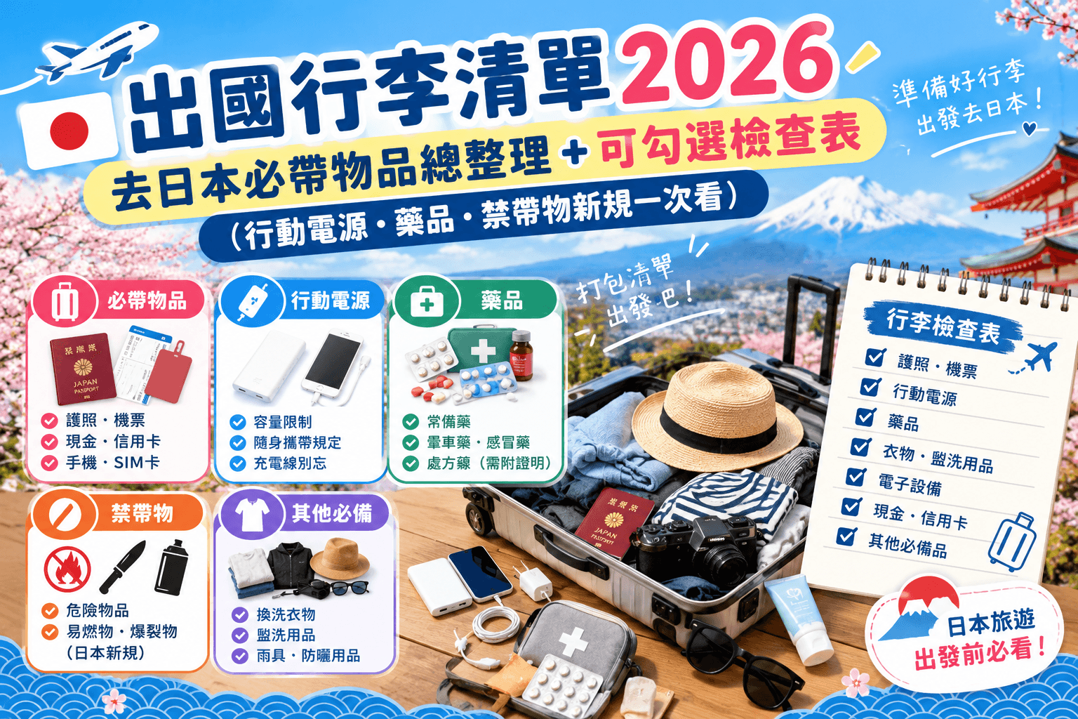 (中山)出國行李清單2026|去日本必帶物品總整理+可勾選檢查表(行動電源・藥品・禁帶物新規一次看)
